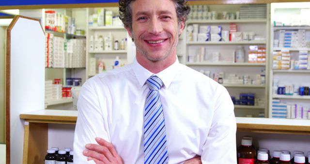 Male pharmacist wearing a white shirt and striped tie, standing with arms crossed in a well-stocked pharmacy. He is smiling and appears approachable. Ideal for content related to healthcare, customer service in pharmacies, medication management, retail pharmacy services, or pharmaceutical professions.