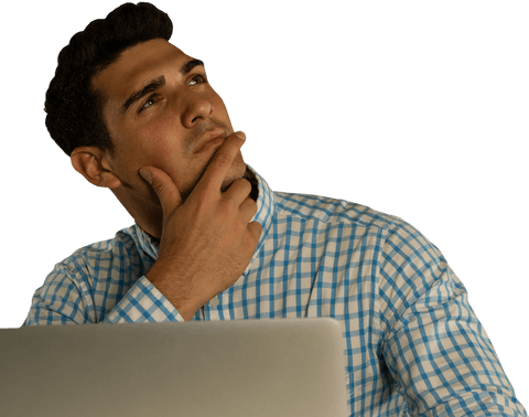 transparent thoughtful man contemplating decision with laptop - Download Free Stock Videos Pikwizard.com