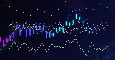 Neon trading dashboard plotting candlestick bars and smooth trend lines on hexagon tessellation
