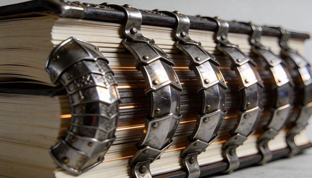 Antique leather bound tome with gilded edges ornate metal clasps catching warm light