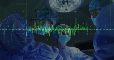 Healthcare Technology: Surgical Team in Operating Room with Heartbeat Overlay