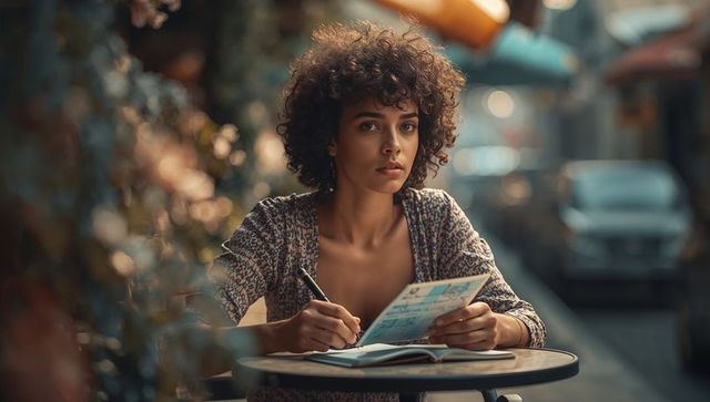 Thoughtful Woman Writing at Artistic Sidewalk Cafe Table