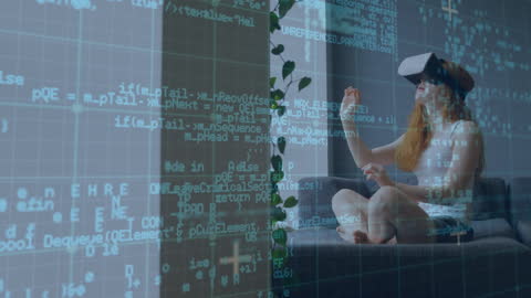 Woman Experiencing Virtual Reality with Data Overlay