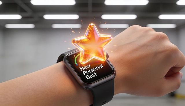 Smartwatch celebrating new personal best with glowing gold star