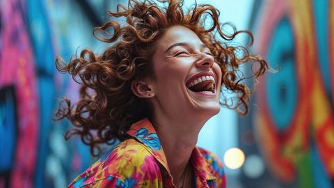 Joyful woman with crazy curly hair celebrating in vibrant graffiti alley