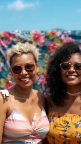 Vertical lifestyle clip of friends smiling in sundresses and sunglasses at floral backdrop