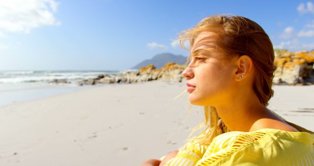 Woman Relaxing on Sunny Beach with Ocean View - Download Free Stock Images Pikwizard.com