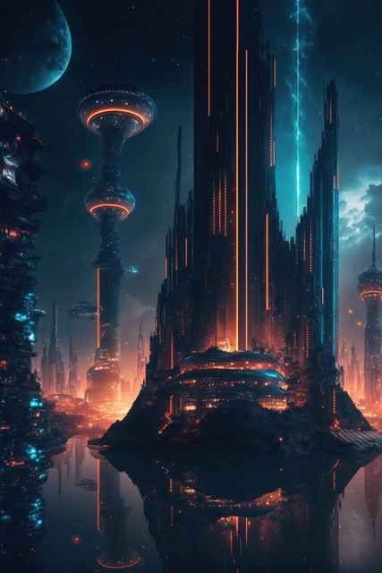 This sci-fi city scene, featuring towering skyscrapers illuminated by neon lights and set against a night sky, evokes futuristic and cyberpunk themes. It can be used in design projects related to technology, sci-fi films and games, modern architecture, and urban planning concepts. Ideal for background content, future city visualization, or graphical storytelling in fiction and media.