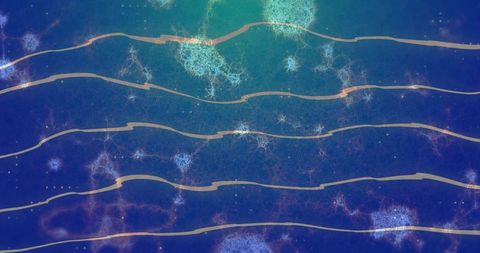 Flowing gold ribbons over cosmic blue-violet nebula with glowing filaments