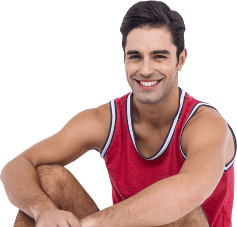 Happy sportsman sitting with friendly smile on transparent background