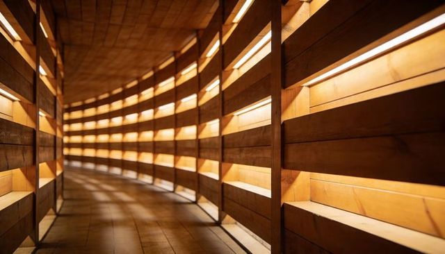 Curved Wooden Corridor with Recessed Horizontal Lights Creating Warm Ambient Glow