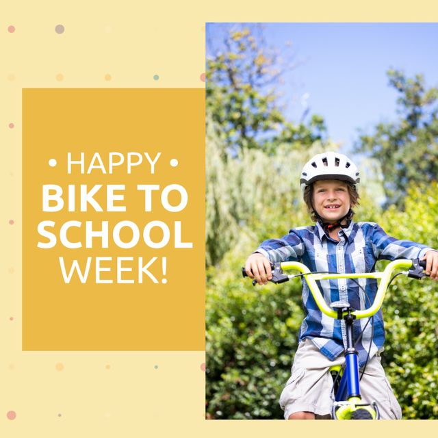 Digital composite image of smiling caucasian boy riding bicycle, happy bike to school week text. Copy space, benefits of cycling, encourages healthy habit, celebration, environment conservation.
