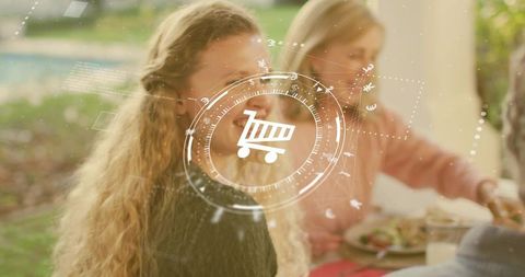 Augmented reality shopping hud overlay during outdoor family dining