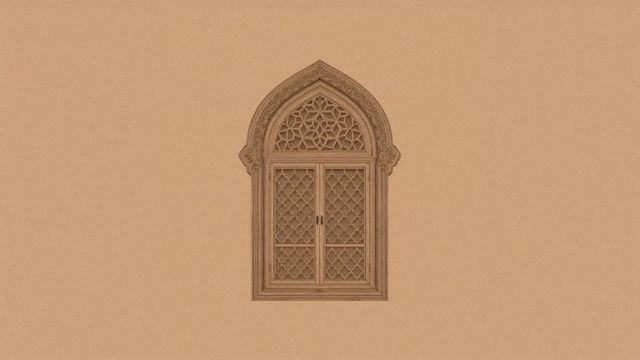 Ornate moorish wooden window on beige plaster wall