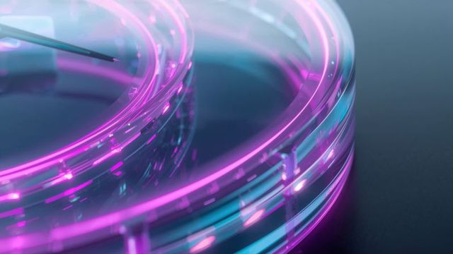 Futuristic neon glowing rings on reflective surface