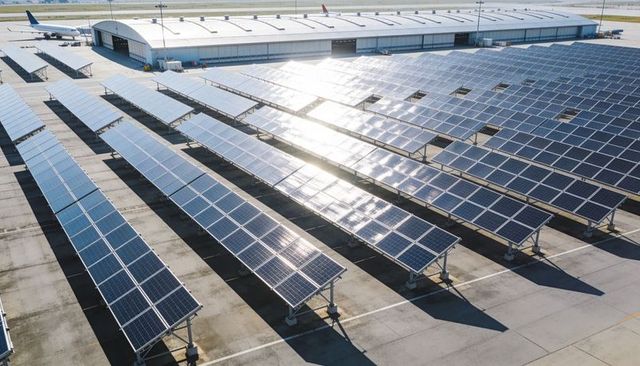 Shining solar panel arrays reflecting sunlight and casting long shadows on airport apron
