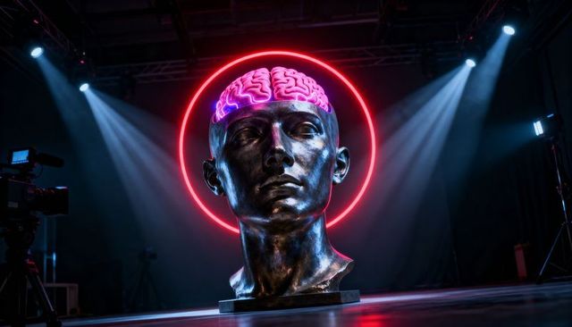Bronze bust revealing neon-pink brain surrounded by red halo and cinematic spotlights