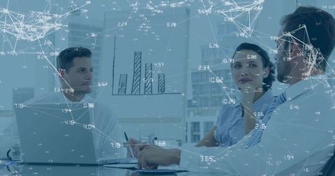 Corporate team collaborating on data analytics with digital network overlay and bar chart