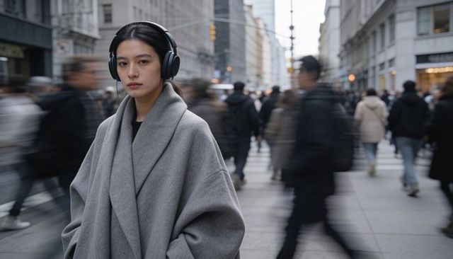 Standing asian woman wearing grey coat and headphones amid bustling city crowd