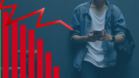 Young Man Engaging with Technology and Red Graph Animation