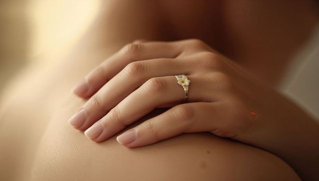 Resting hand wearing floral ring touching bare shoulder in soft warm light closeup