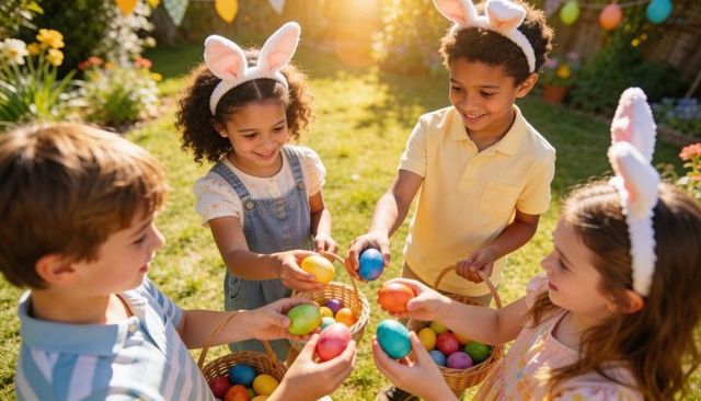 Children celebrating easter egg hunt in sunny backyard wearing bunny ears