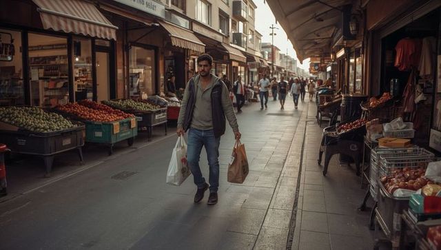 Urban market stroll man walking with grocery bags past outdoor produce stalls at sunset