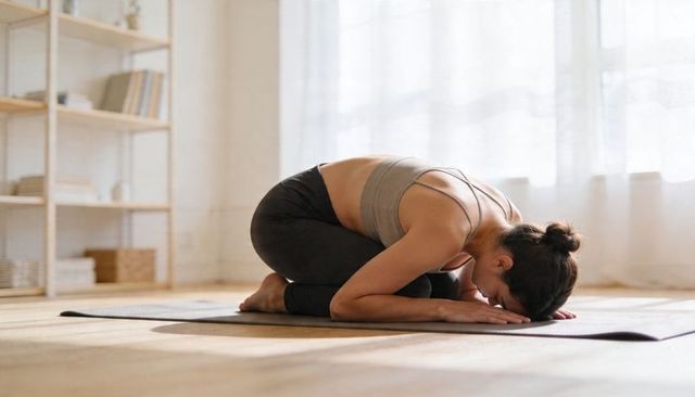 Woman practicing child pose curling forward on dark yoga mat in bright minimalist studio