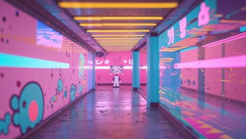Futuristic urban corridor with neon graffiti art