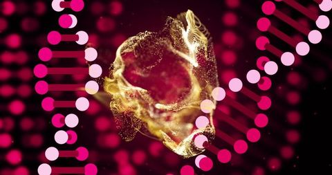 Swirling golden particle nebula glowing between magenta DNA helices for biotech concept