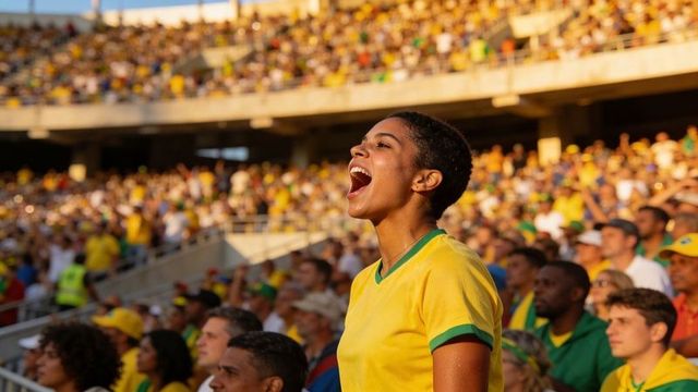 Cheering fan standing and shouting in packed stadium wearing yellow-green jersey
