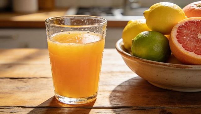Sunlit glass of fresh orange juice with citrus bowl on rustic wooden breakfast table