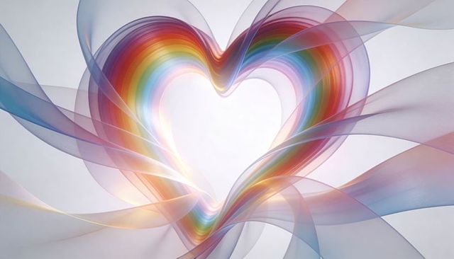 Radiating rainbow heart forming from flowing translucent ribbons on soft gray background
