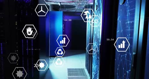Futuristic Data Center Corridor with Eco Metric Visualization
