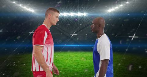 Intense soccer match players facing off under stadium lights