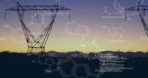Transmission Towers with Chemical Structures at Sunset - Download Free Stock Images Pikwizard.com