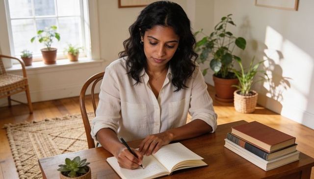 Focused woman writing in journal at sunlit home desk with plants and books