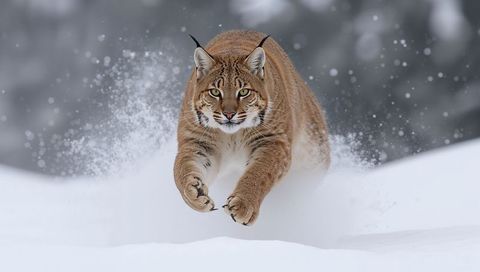 Leaping wild lynx charging through deep powder snow, claws extended, winter action