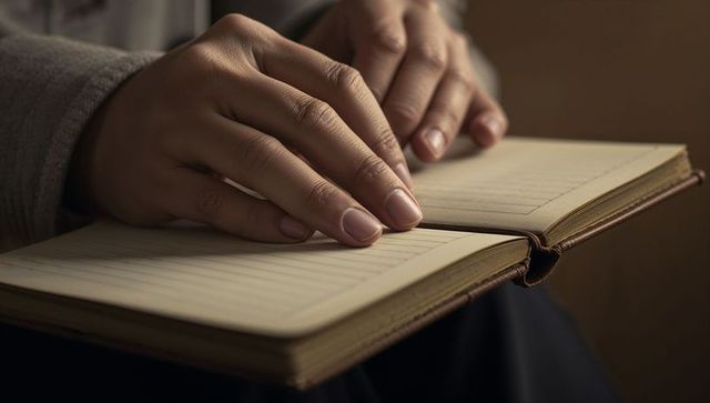 Resting Hands Touching Open Lined Hardcover Notebook Closeup for Journaling and Branding