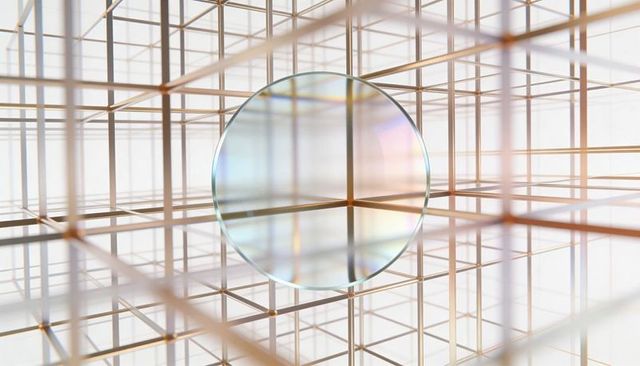 Glass disc refracting light within golden cubic wireframe lattice, futuristic prism grid
