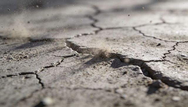 Sunlit cracked dry earth with lifted mud plates and drifting dust on parched lakebed