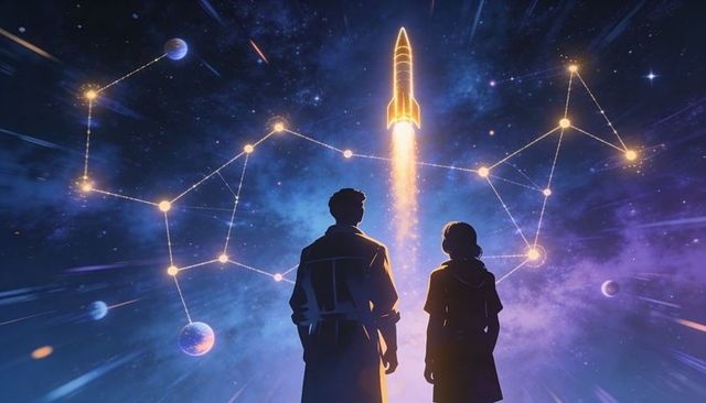 Silhouetted pair watching rocket launching through nebula with glowing constellation nodes