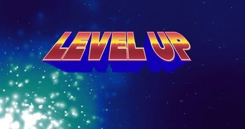 Bold 3d level up text in cosmic starfield with particles