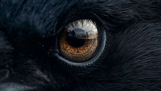 Close-up showcasing misty mountain reflection in animal's eye