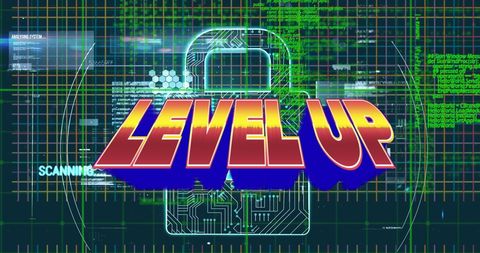 Level up text with digital security and coding background