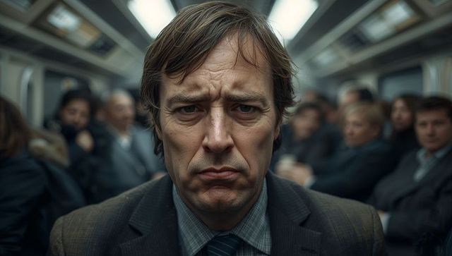 Staring middle-aged commuter gripping rail on crowded urban metro during rush hour closeup