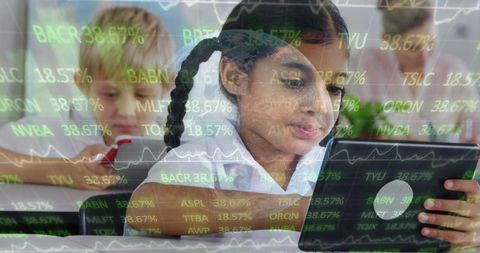 Students Using Tablets in Classroom with Stock Ticker Overlay - Download Free Stock Images Pikwizard.com