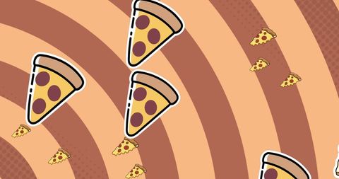 Playful pizza icons on abstract striped background