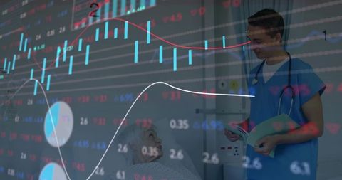 Clinician Reviewing Patient Chart with Stock Market Data Overlay in Hospital Scene