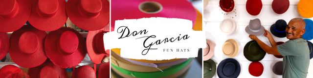 Composition of don garcia fun hats text over colorful hats and biracial man. Etsy banner maker concept digitally generated image.